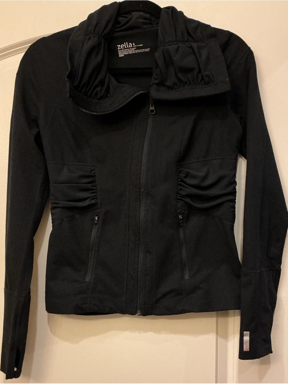Zella Black Asymmetrical Full Zip Ruched Funnel Neck Jacket Thumbholes Size S